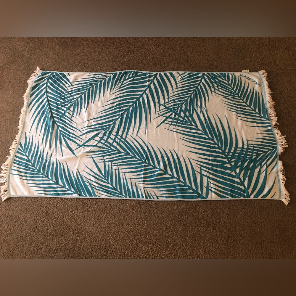 Vintage SUN OF A BEACH Towel 65 X 37” Blue Fern Leaf Pattern Hippie Boho